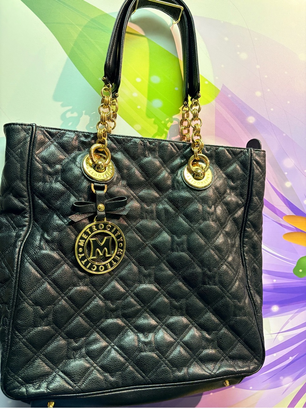 Quilted Leather Tote Bag in Black with Gold Hardware